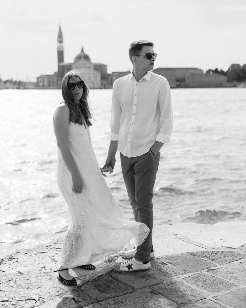 Artistic black and white photos by Venice waterfront with San Giorgio Maggiore in background.